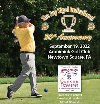 man golfing with event text next to him